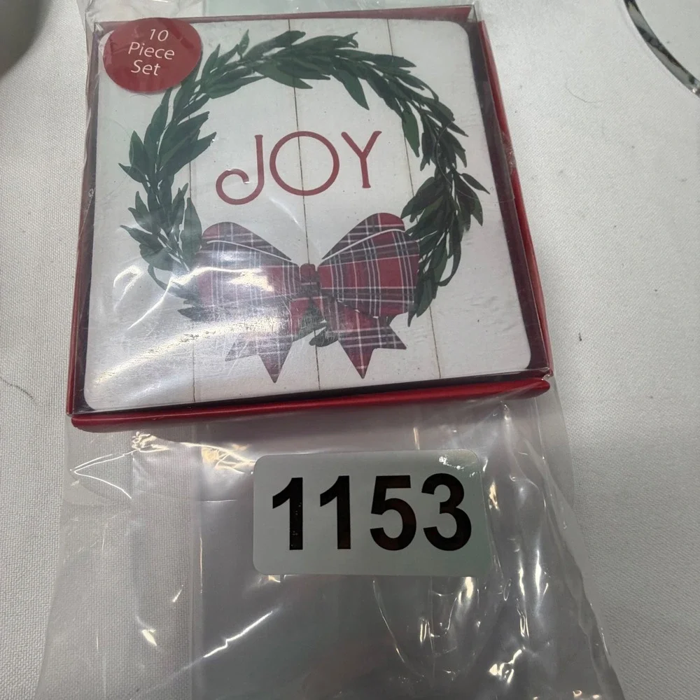 Boston Warehouse JOY Christmas Coasters 10 Pc Set Wreath Plaid Bow Holiday
